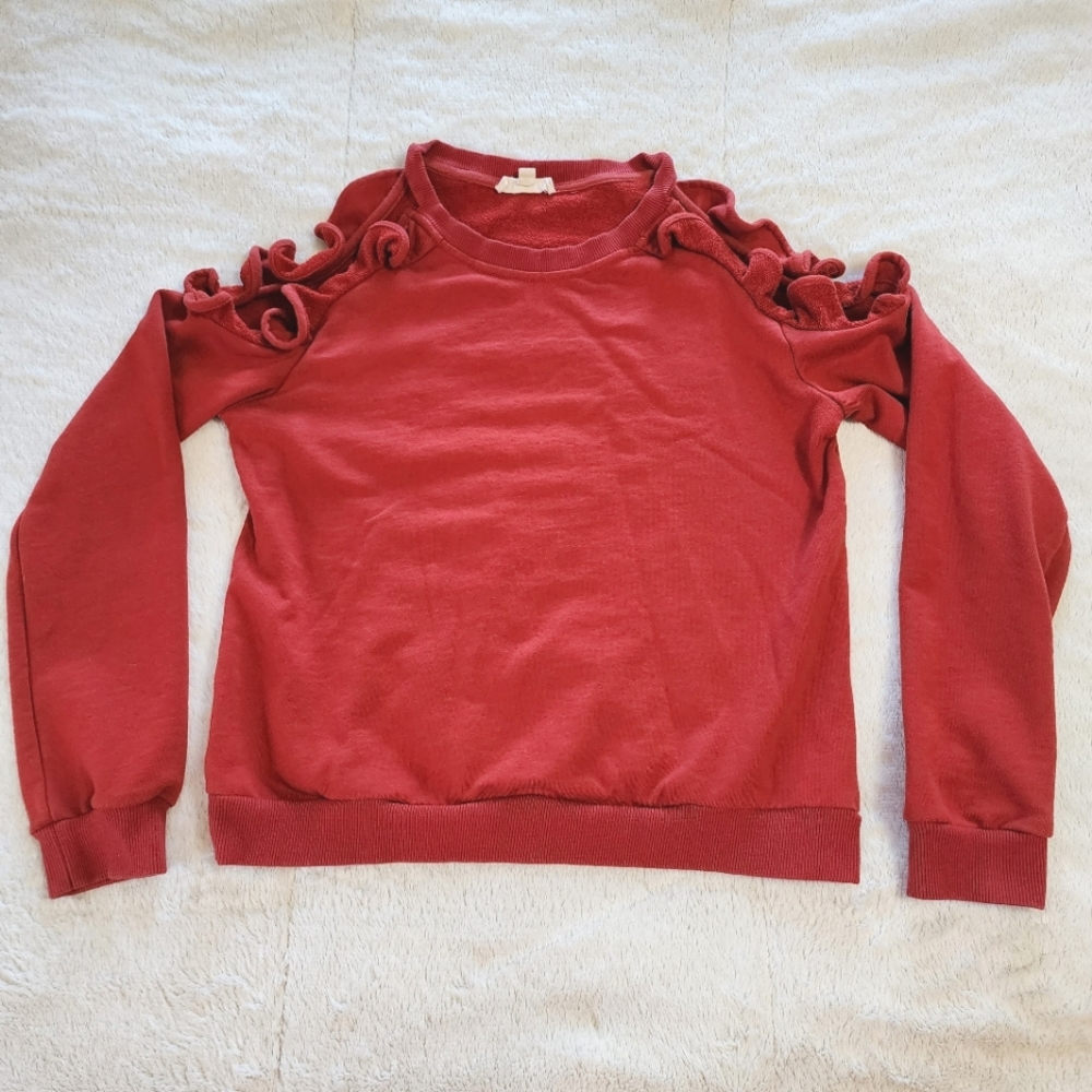 Promesa Size Large Cold Shoulder Ruffle Crew Neck Sweater